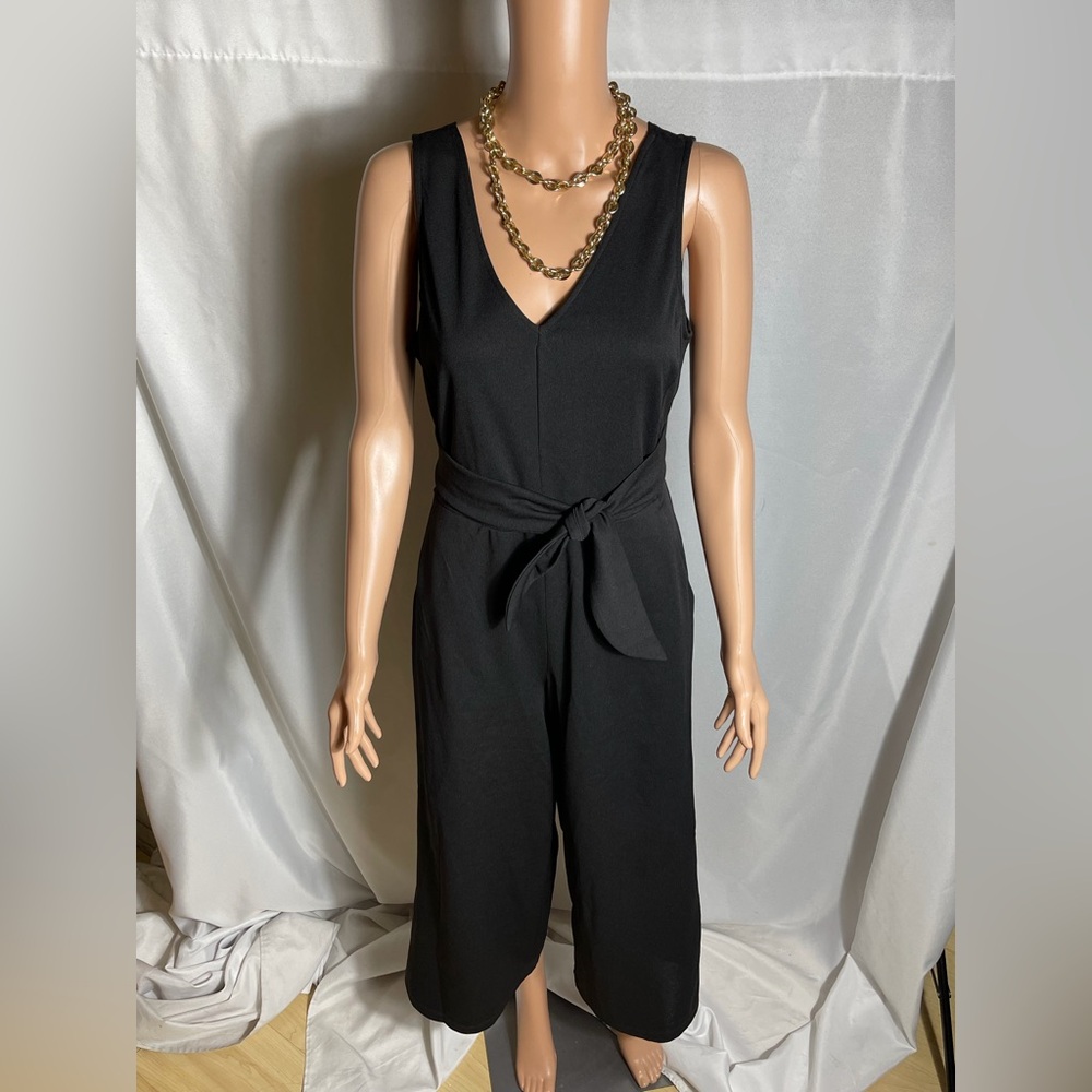 If She Loves Black Wide Leg Jumpsuit L Cutout Back Tie Waist Made USA
